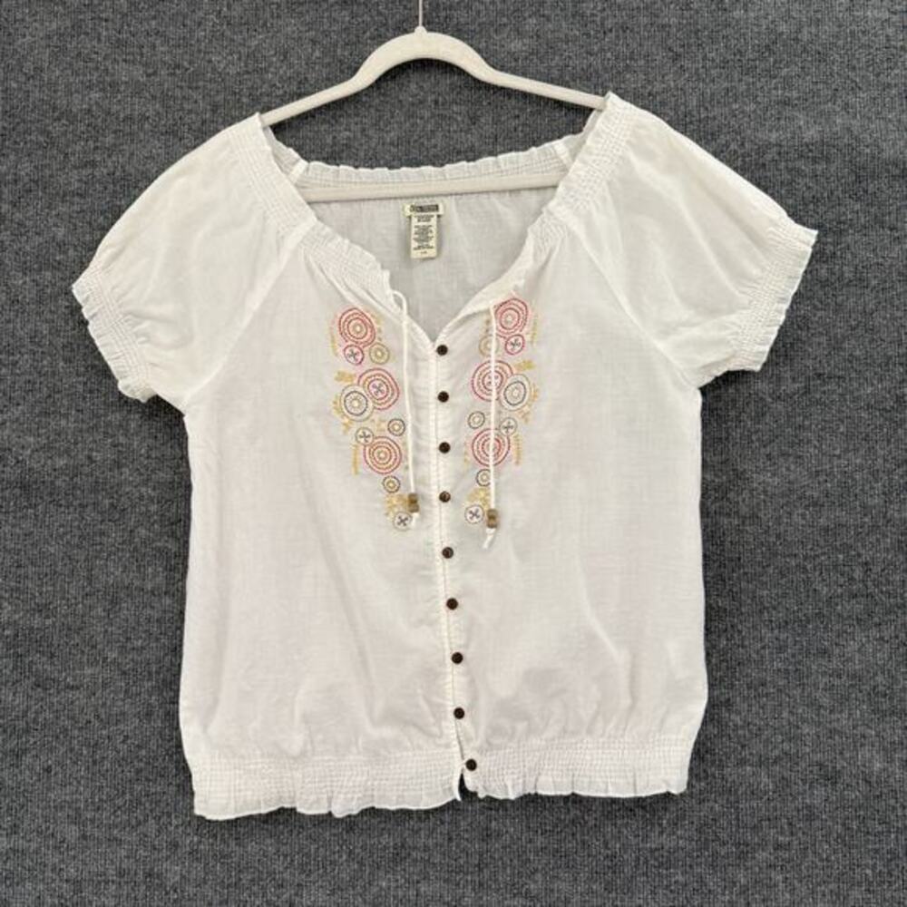 Vintage Route 66 Embroidered Peasant Blouse Womens Large White Smocked Bohemian